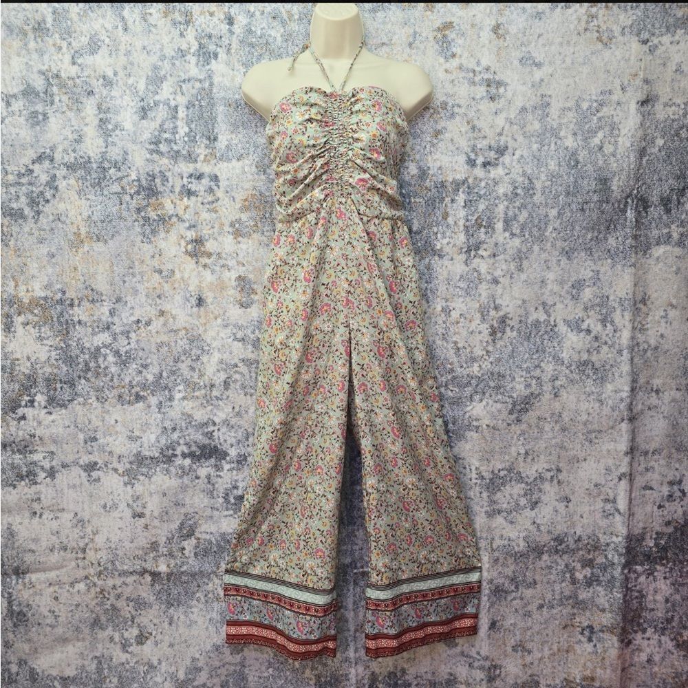 B*O*G Collective Teal And Pink Floral Halter Jumpsuit Size XS